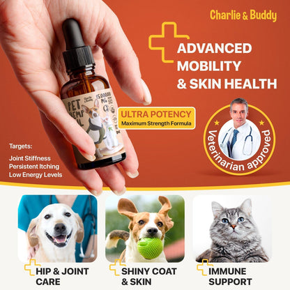 Liquid hemp supplement bottle with dropper for cat and dog anxiety and stress relief