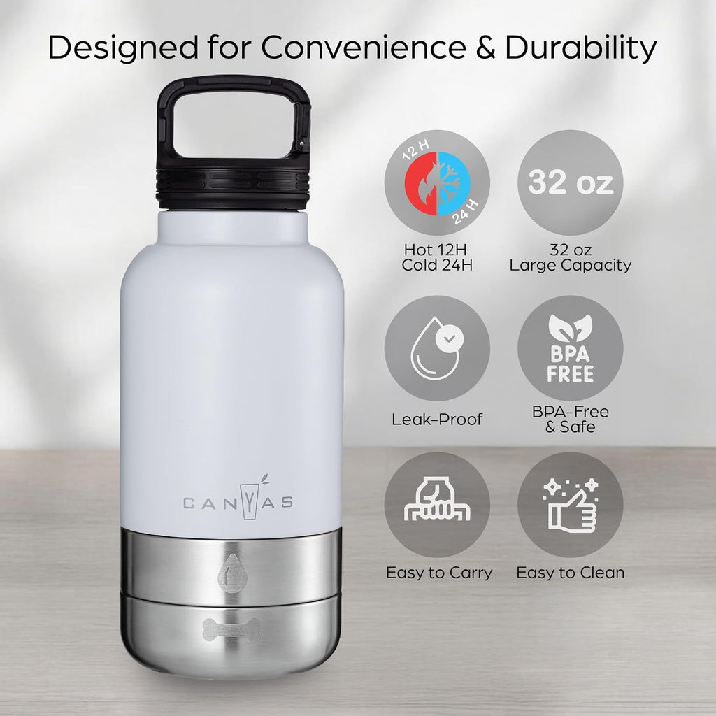 Stainless steel pet travel bottle with two detachable food bowls