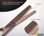 Close up of ergonomic non slip handles on We Love Doodles dog grooming scissors