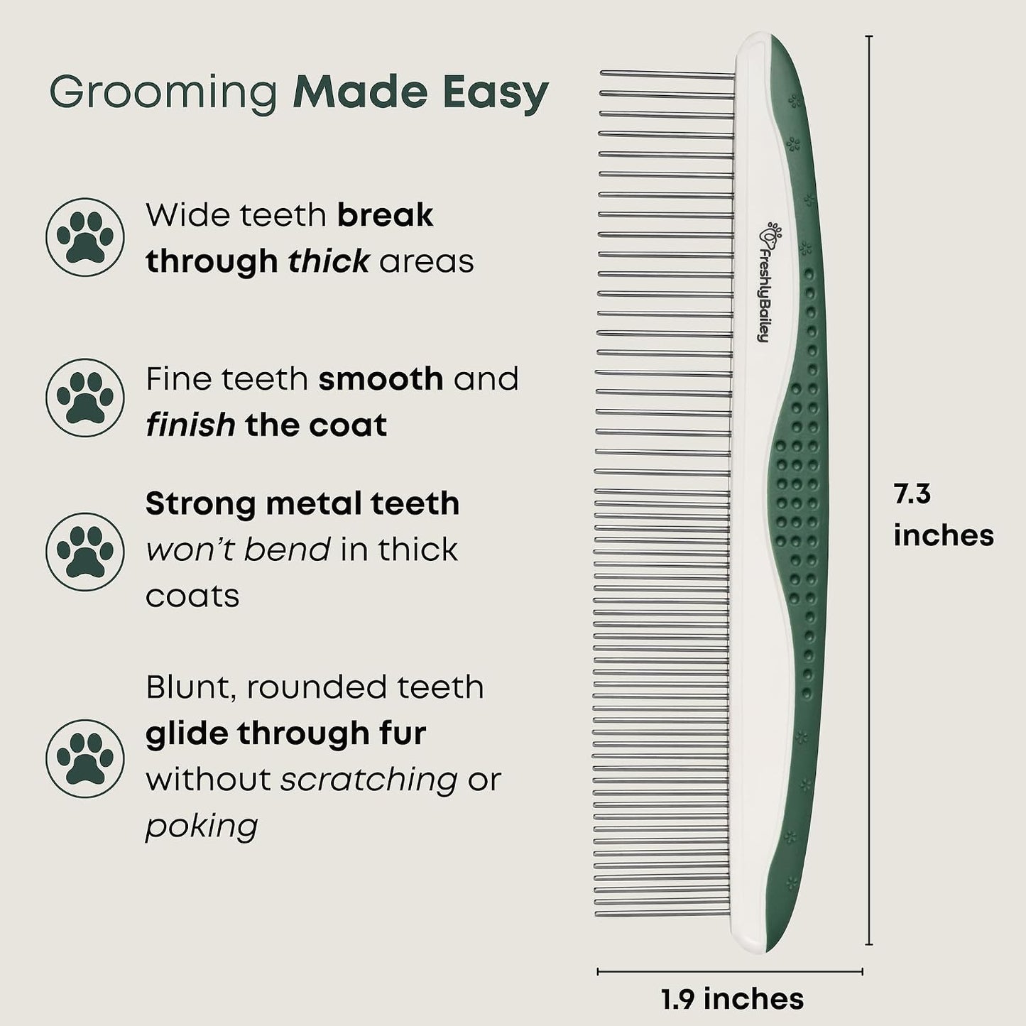 Freshly Bailey pet grooming comb ergonomic grip detail