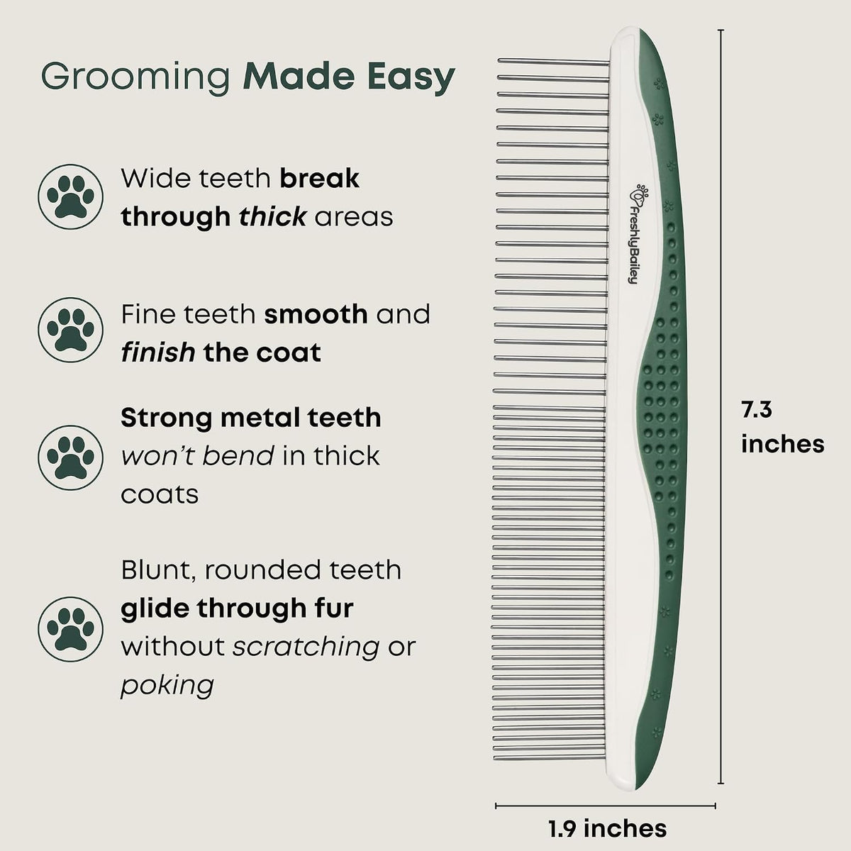 Freshly Bailey pet grooming comb ergonomic grip detail