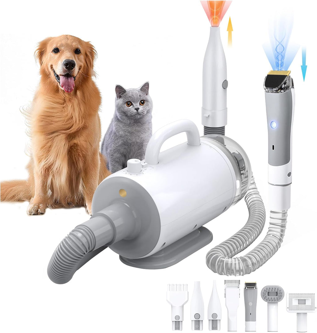 IKIMI dog grooming vacuum and blow dryer kit front view showcasing the main canister unit and gray finish.