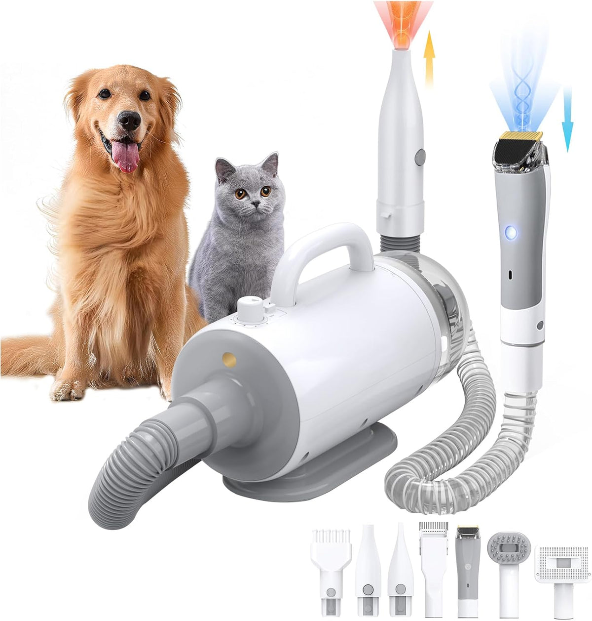 IKIMI dog grooming vacuum and blow dryer kit front view showcasing the main canister unit and gray finish.