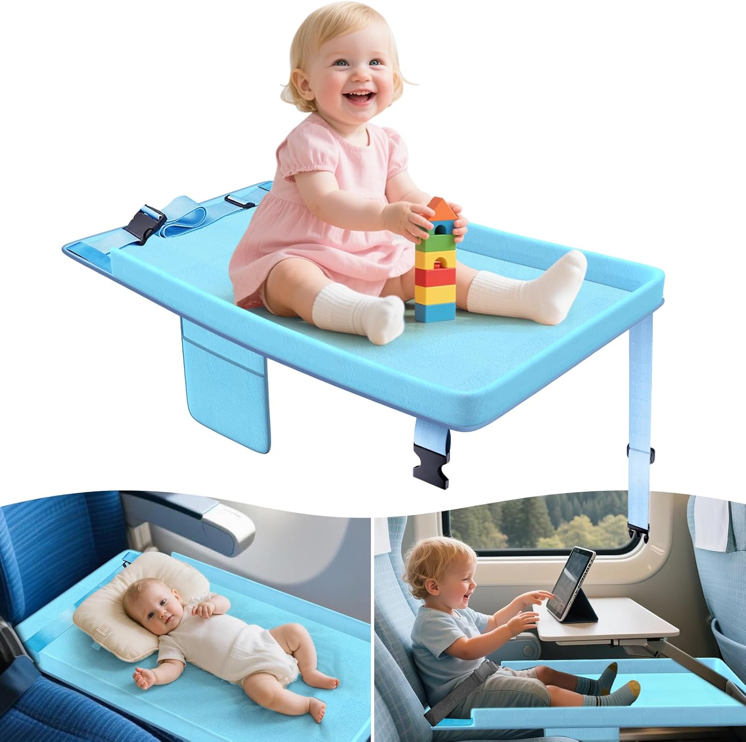 Omzer Toddler Airplane Bed front view showing blue plush velvet surface and adjustable straps.