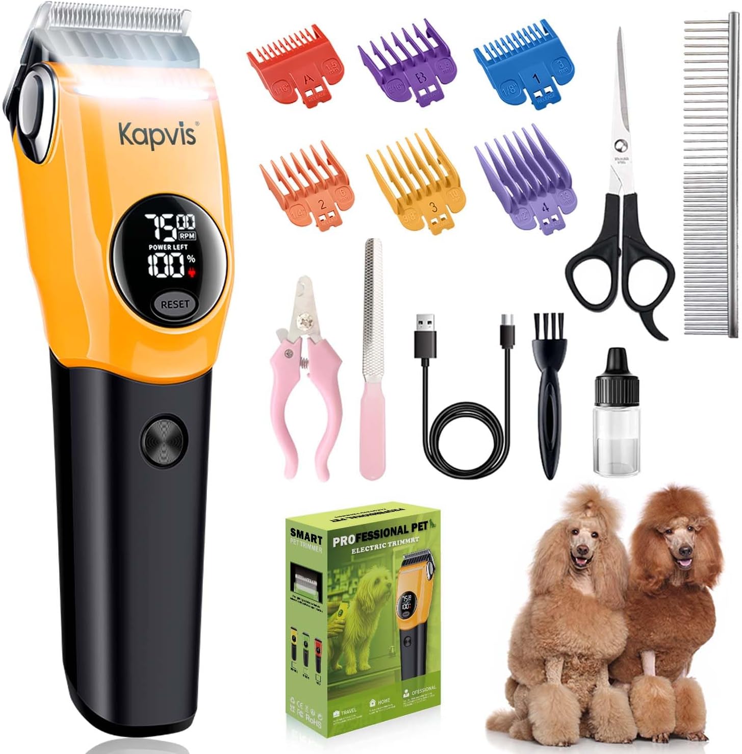 Kapvis professional pet clippers front view showing yellow and black design with LED screen display.