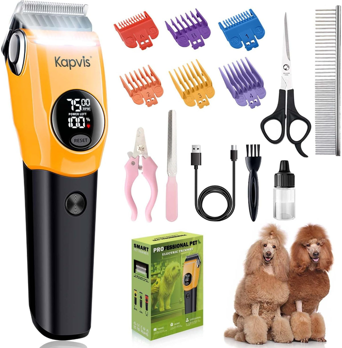 Kapvis professional pet clippers front view showing yellow and black design with LED screen display.