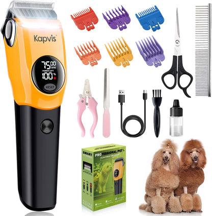 Kapvis professional pet clippers front view showing yellow and black design with LED screen display.