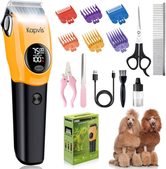 Kapvis professional pet clippers front view showing yellow and black design with LED screen display.