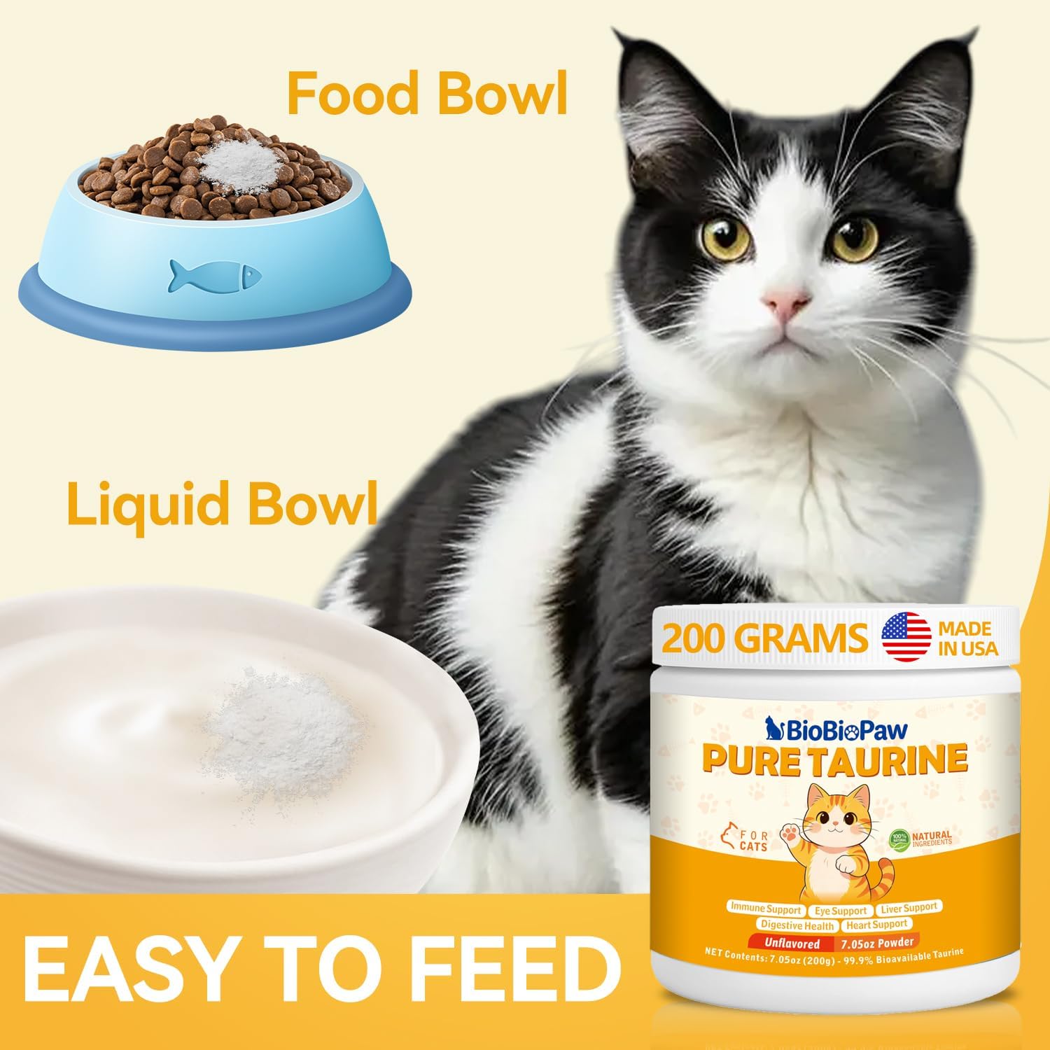Imported feline amino acid supplement packaging highlighting the manufacturing origin details