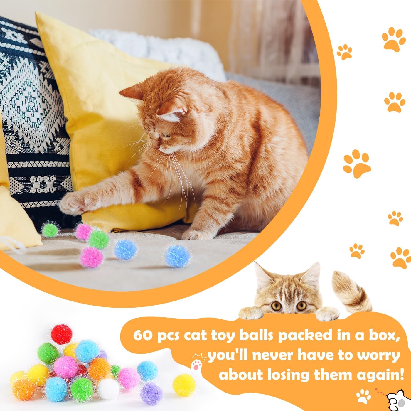 Close up of 1.5 inch glittery cat toy balls