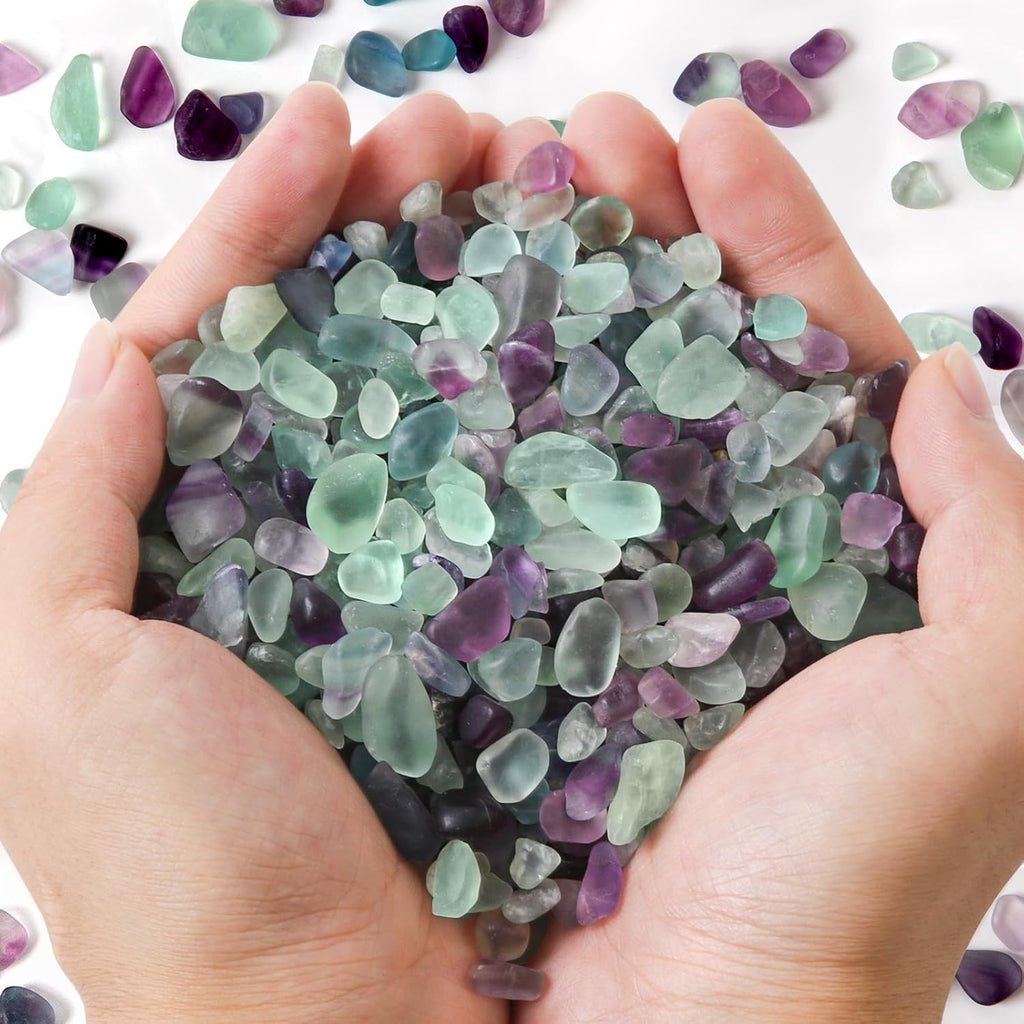QICQDRAM polished fluorite gravel rocks in a glass display bowl