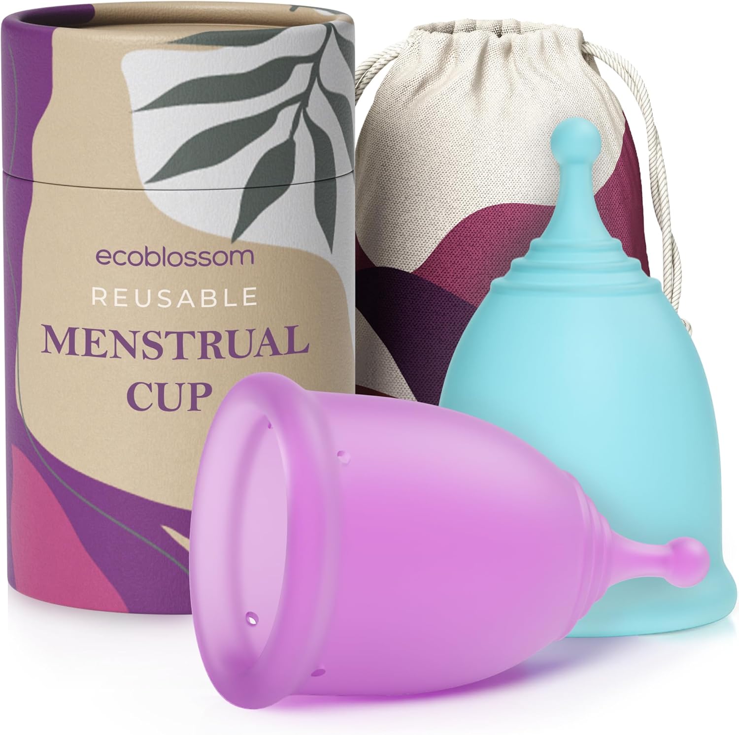 EcoBlossom Reusable Menstrual Cup Set front view showing small and large sizes.