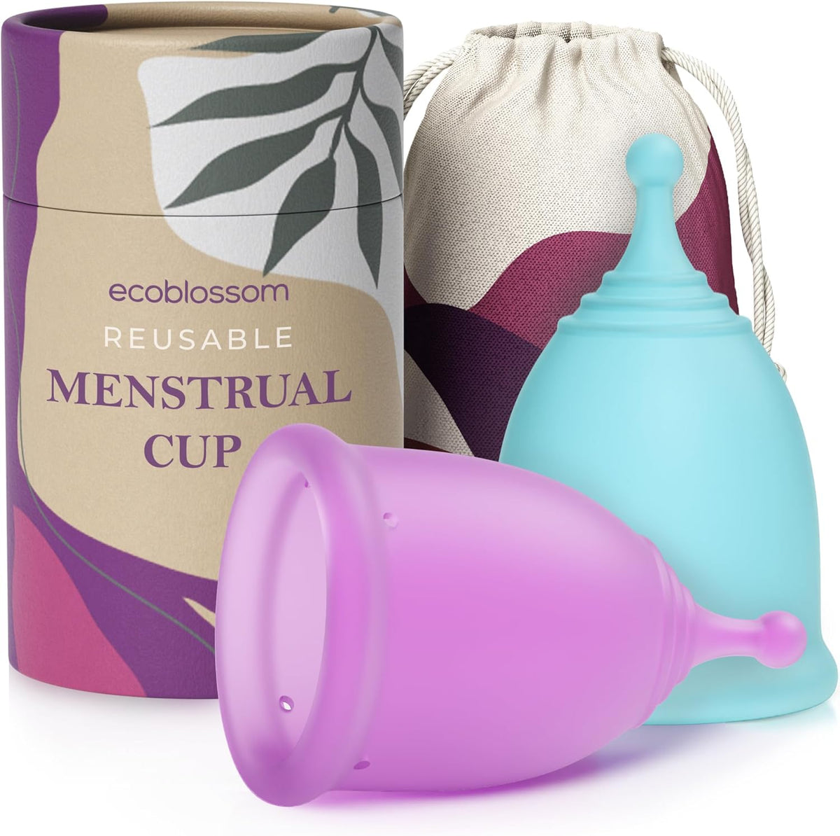 EcoBlossom Reusable Menstrual Cup Set front view showing small and large sizes.