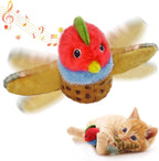 Small dog playing with interactive plush sparrow toy