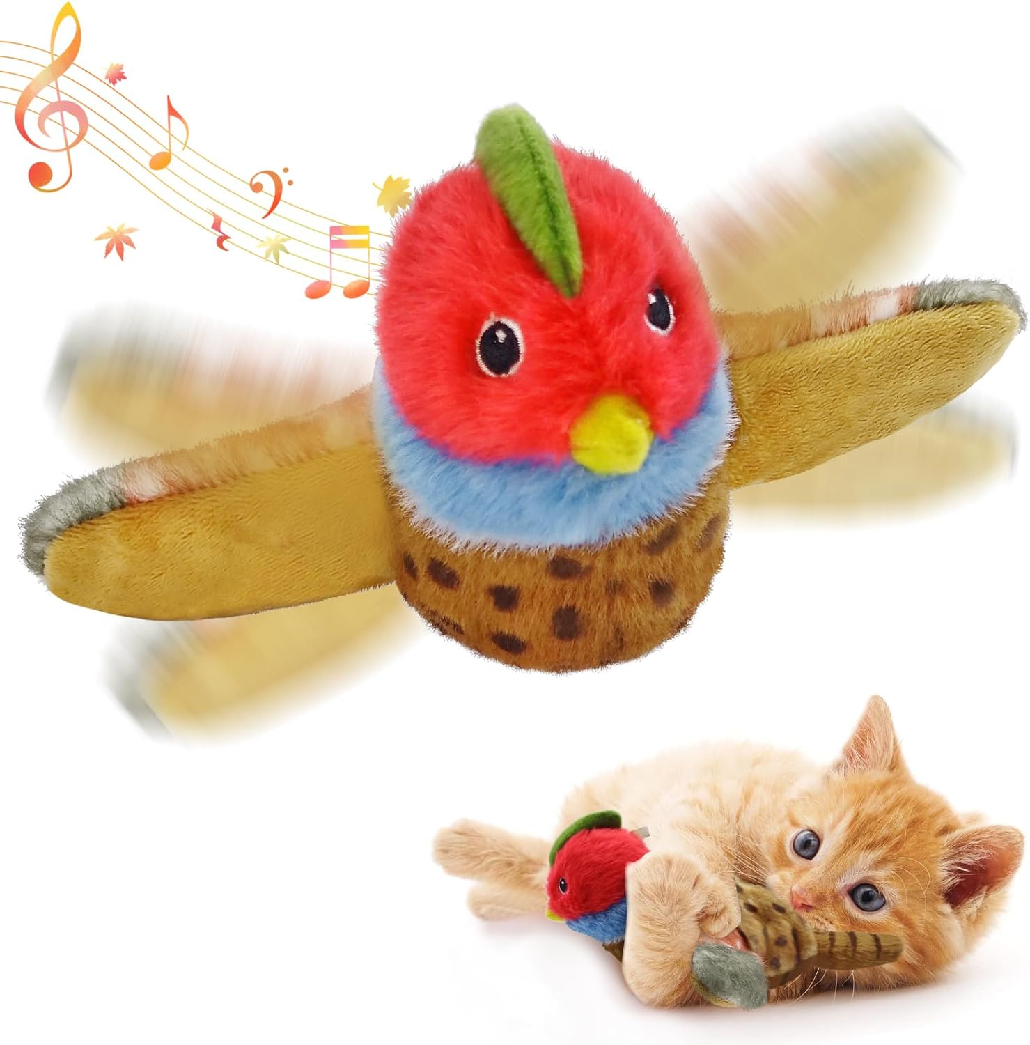Small dog playing with interactive plush sparrow toy