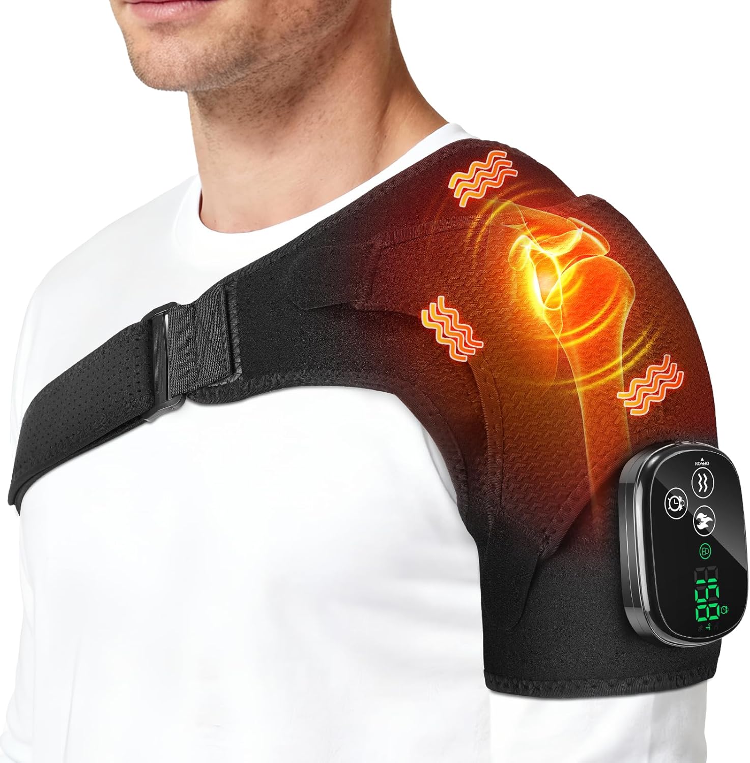 YUANBO Cordless Shoulder Heating Pad with Massager front view showcasing the touch control panel