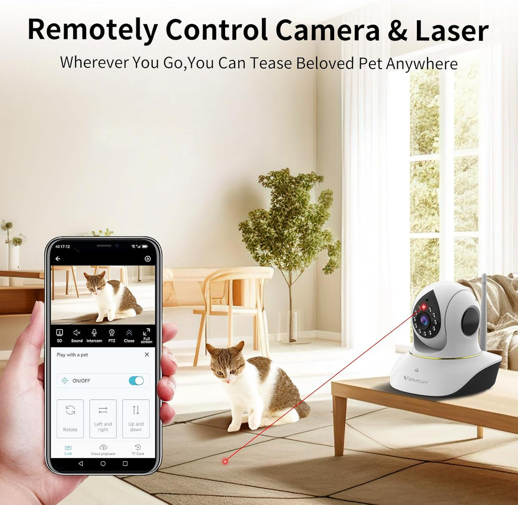 Interactive wireless dog and cat camera displaying 360-degree pan tilt rotation capability