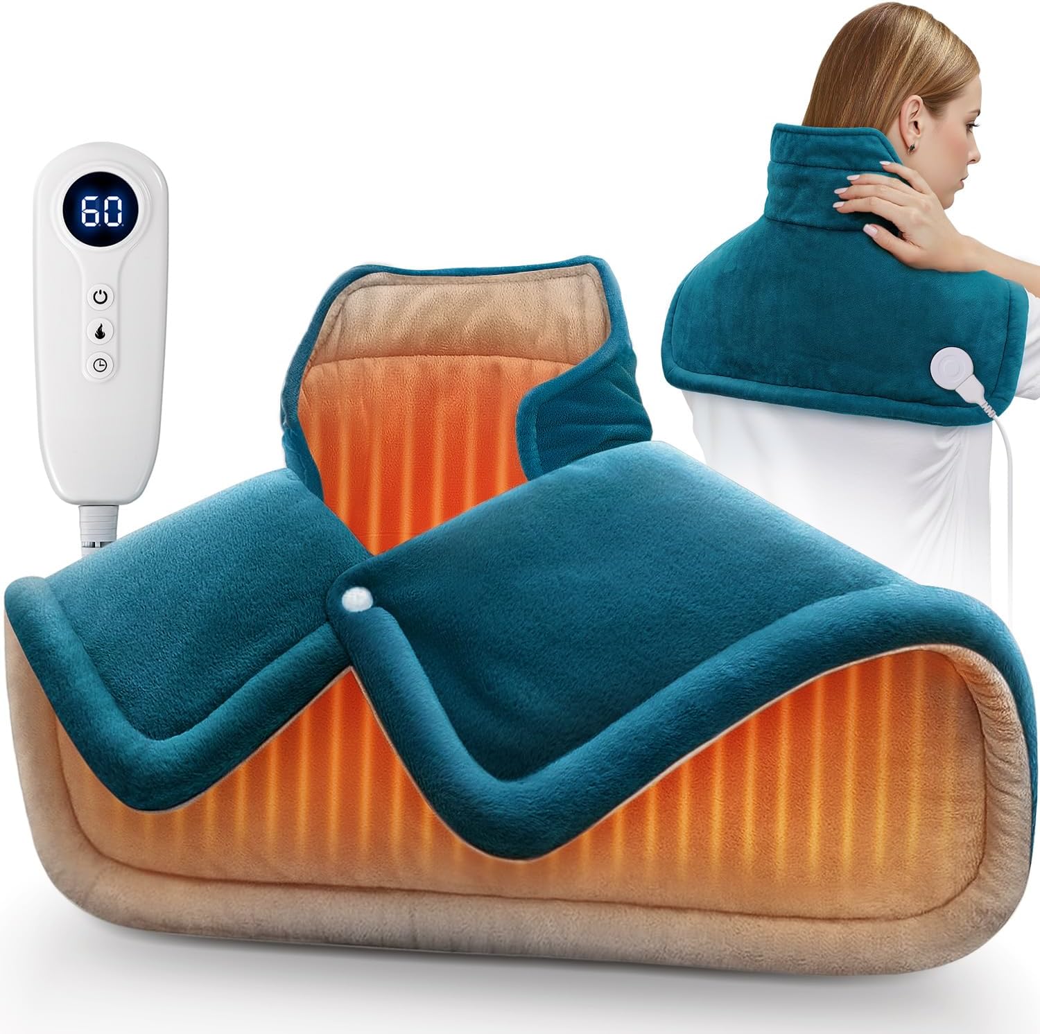 DHFLIP heating pad for neck and shoulder front view showing indigo velvet fabric material