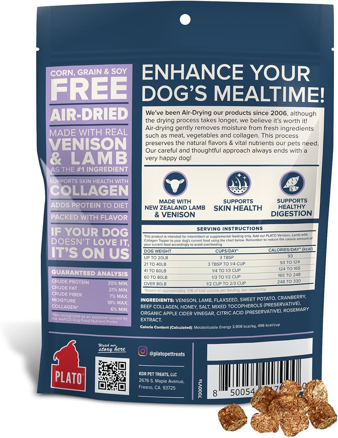 Plato dog food topper back label showing premium USA ingredients list