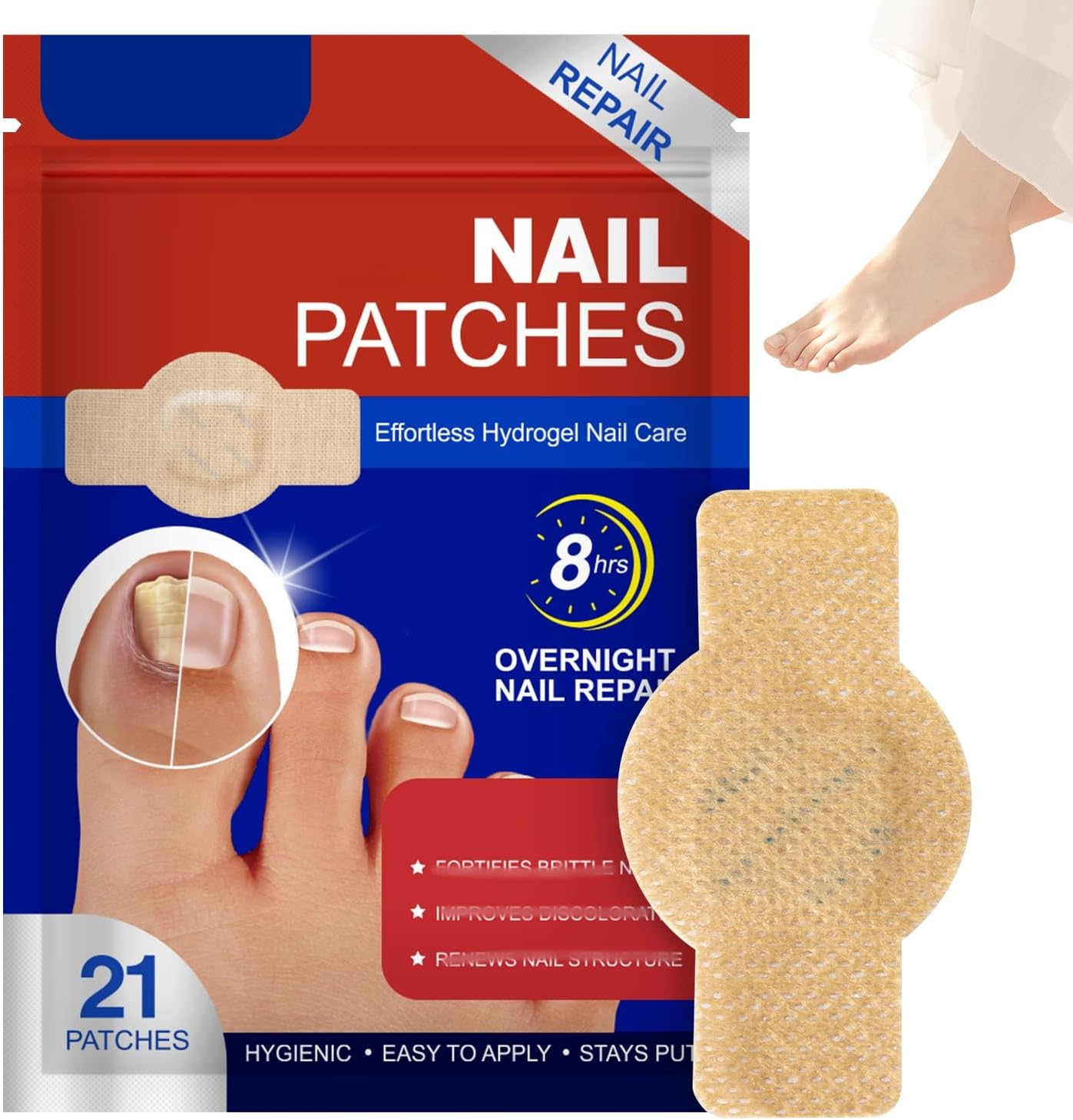 Generic Toenail Treatment Extra Strength Nighttime Patches front packaging view showing twenty one pieces