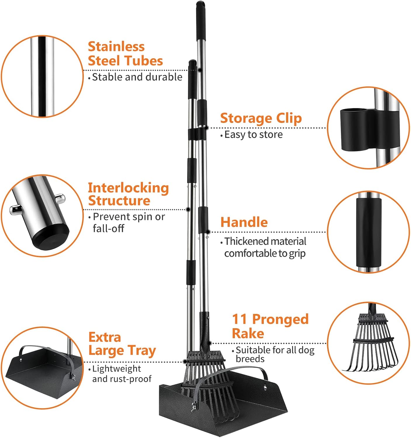 Toozey long handle poop scooper being used to clean pet waste from a garden lawn without bending