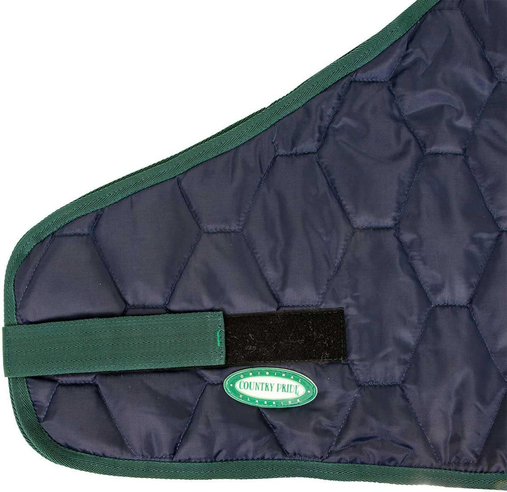 Country Pride medium winter foal blanket showing adjustable belly surcingle and elastic leg straps