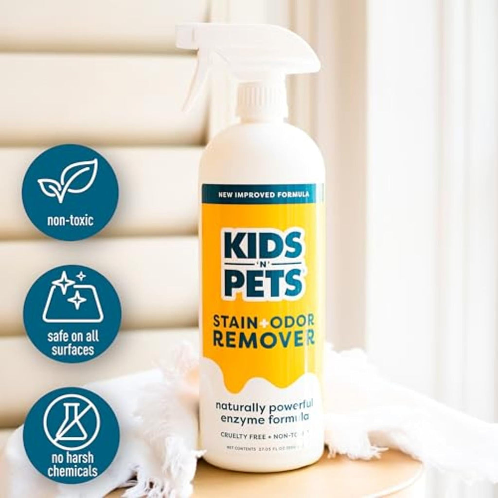 Close up of Kids 'N' Pets spray bottle label showing enzyme technology
