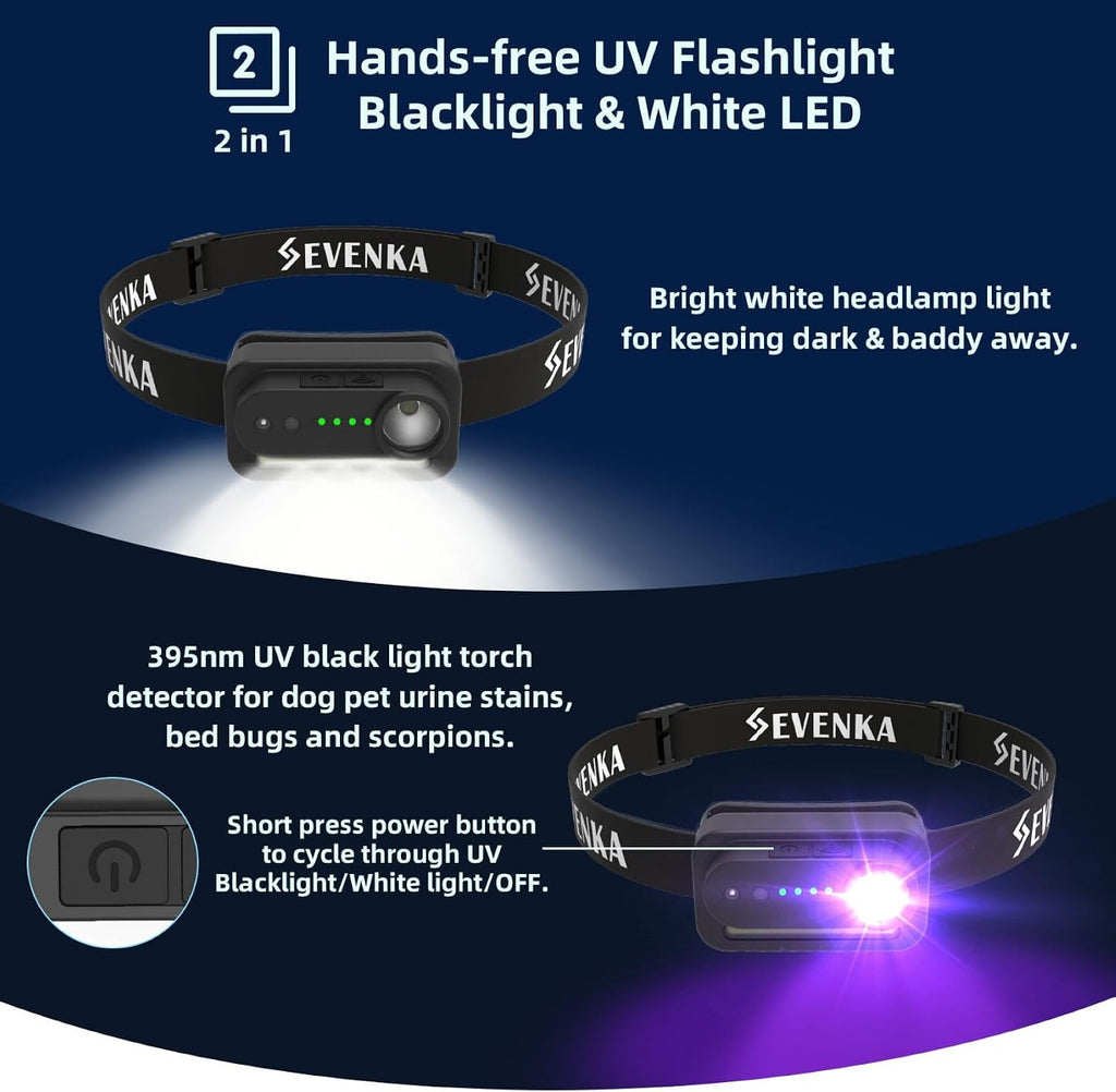 Hands free blacklight headlamp showing the adjustable black elastic headband for comfortable wearing.