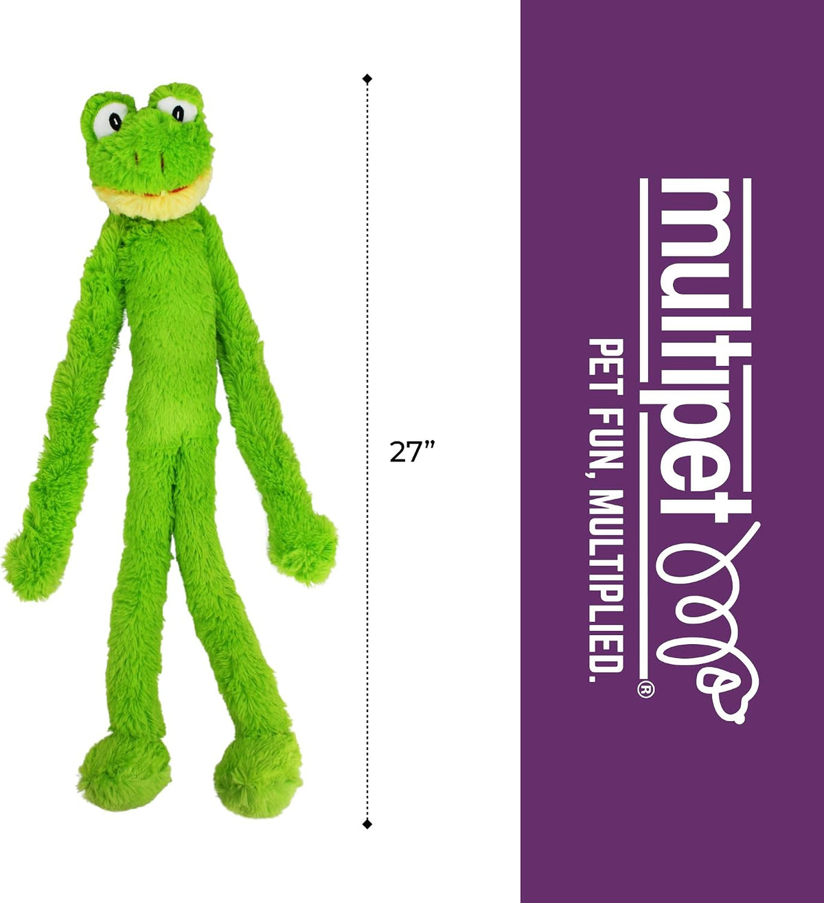 Multipet frog dog toy demonstrating interactive play size