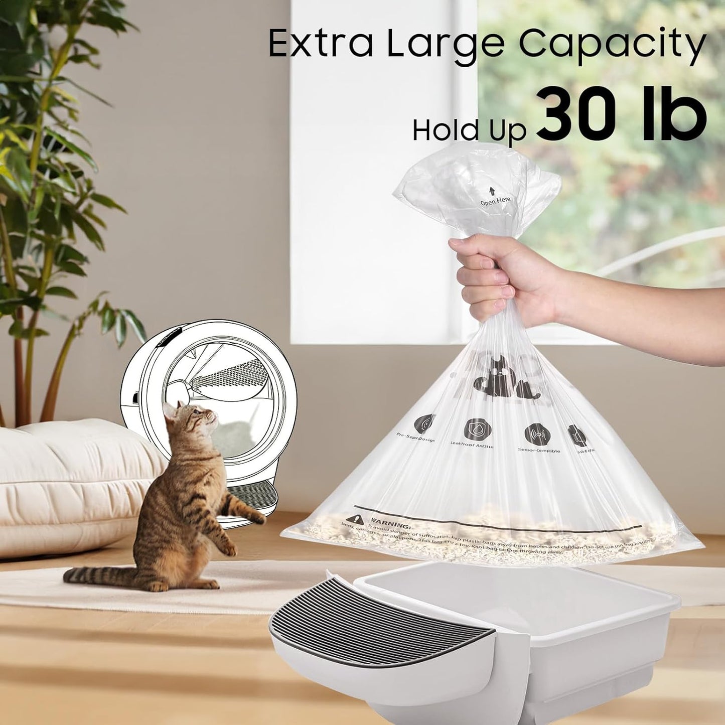 Multi model compatible automatic cat litter liners showing easy single handed disposal