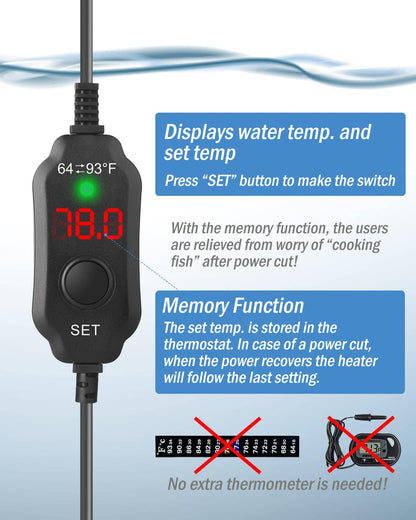 AquaMiracle aquarium heater packaging showing technical specifications