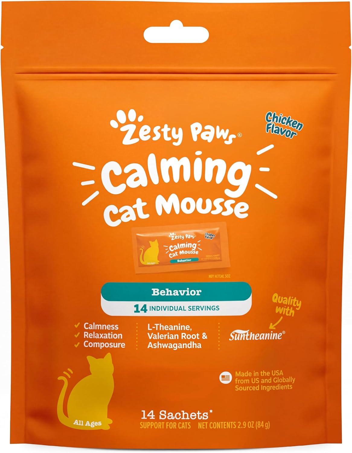 Zesty Paws cat puree supplement box top view with ingredients