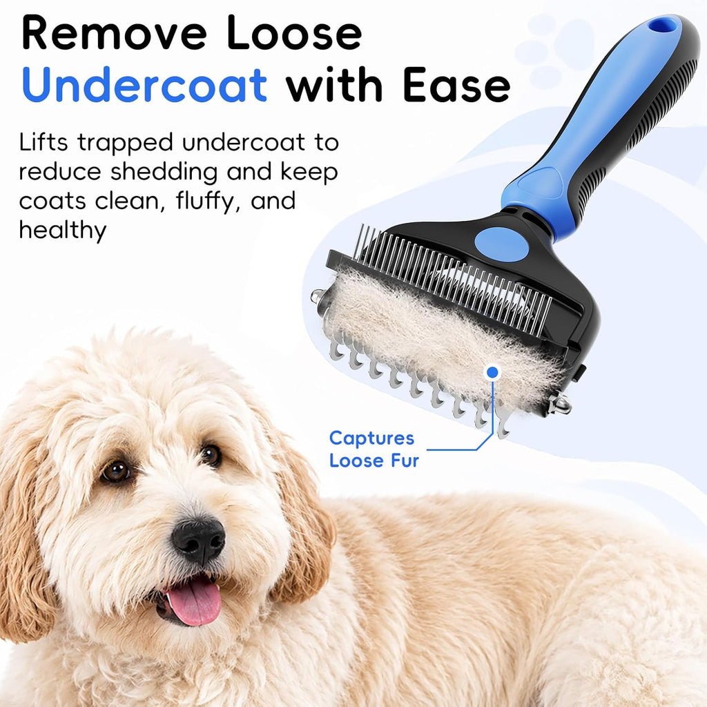 Stainless steel rounded teeth of AXEFUN deshedding tool close up
