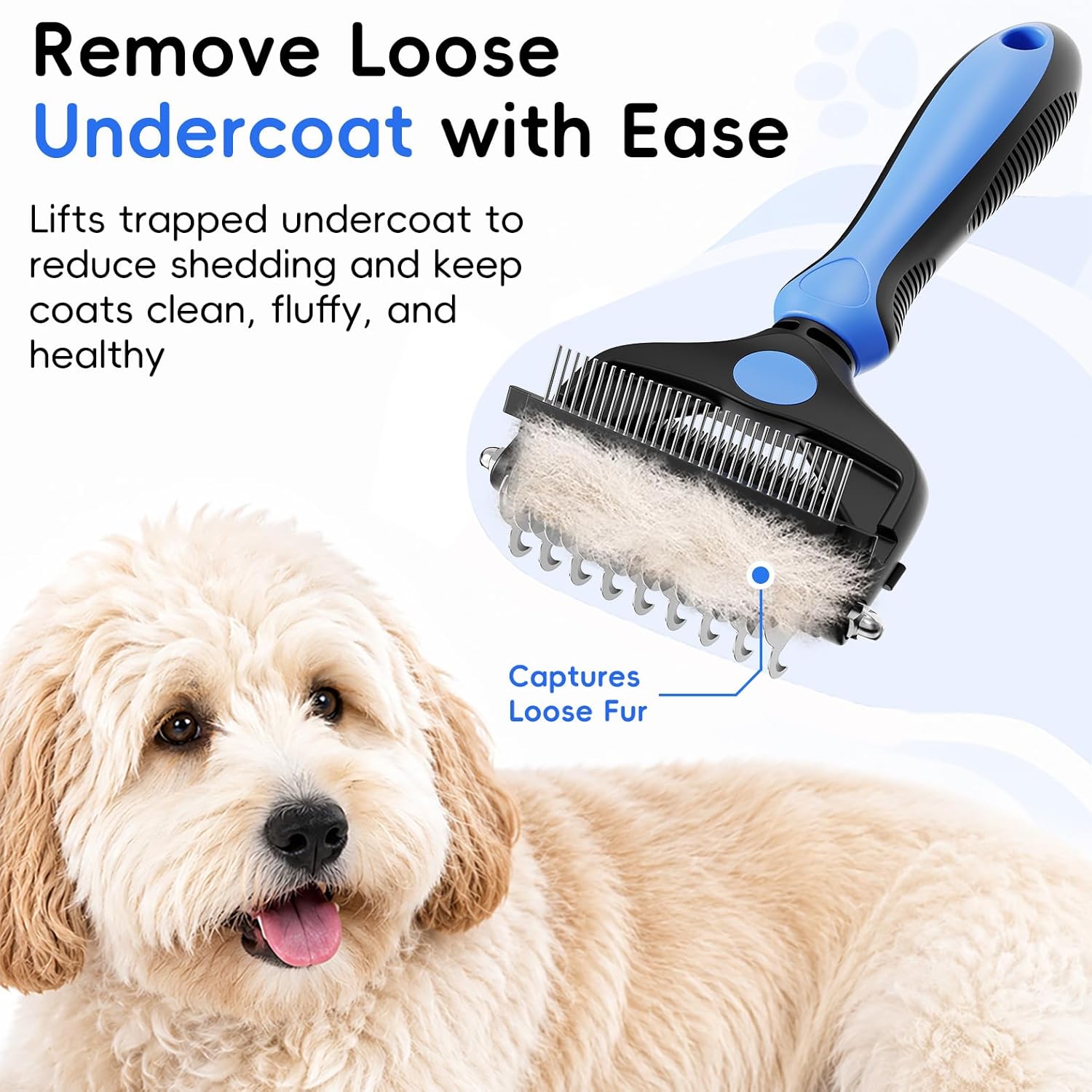 Stainless steel rounded teeth of AXEFUN deshedding tool close up