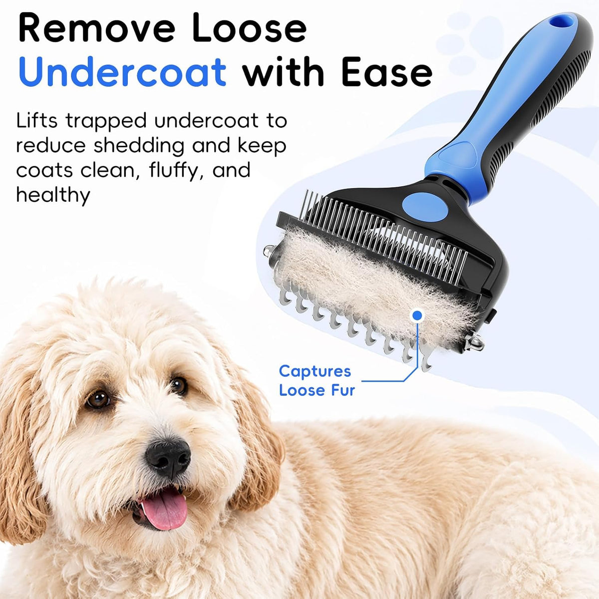 Stainless steel rounded teeth of AXEFUN deshedding tool close up