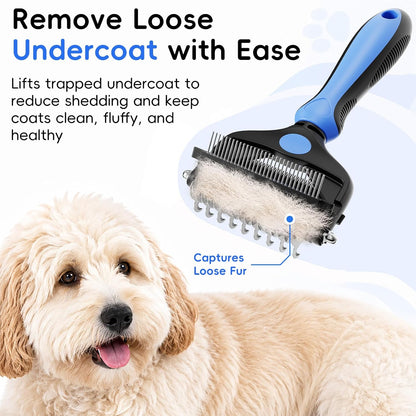Stainless steel rounded teeth of AXEFUN deshedding tool close up