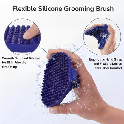Cleaning accumulated pet hair easily off the durable blue rubber grooming tool.