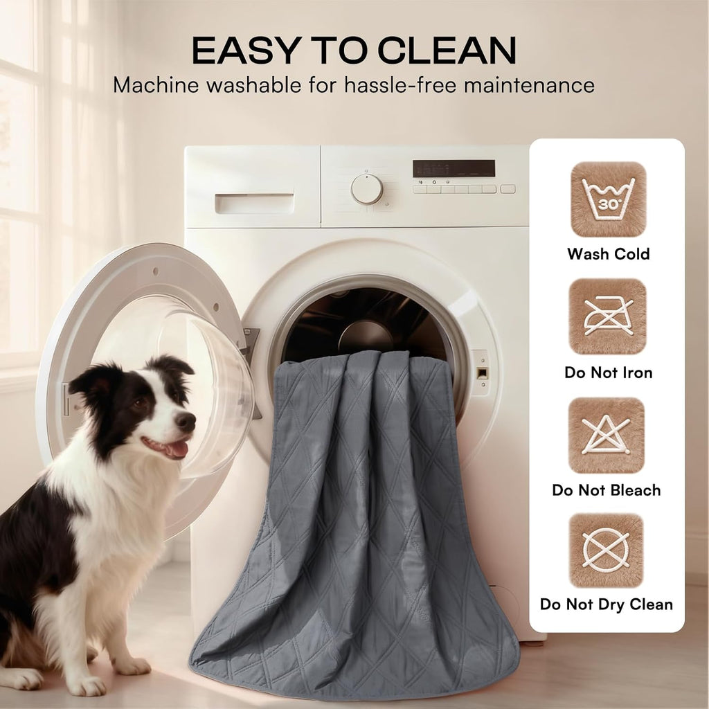 Luciphia heavy duty imported dog blanket being placed inside a washing machine.