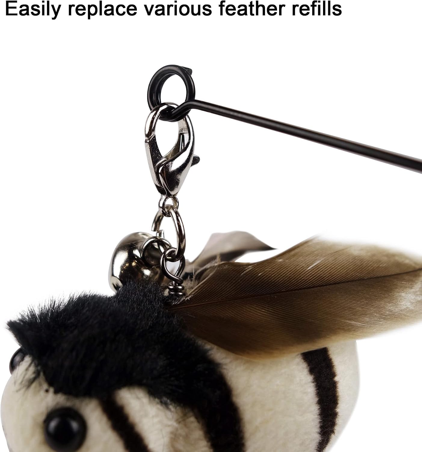 TTcat natural bird feather refills close up showcasing the quick-swap lobster clasp mechanism.