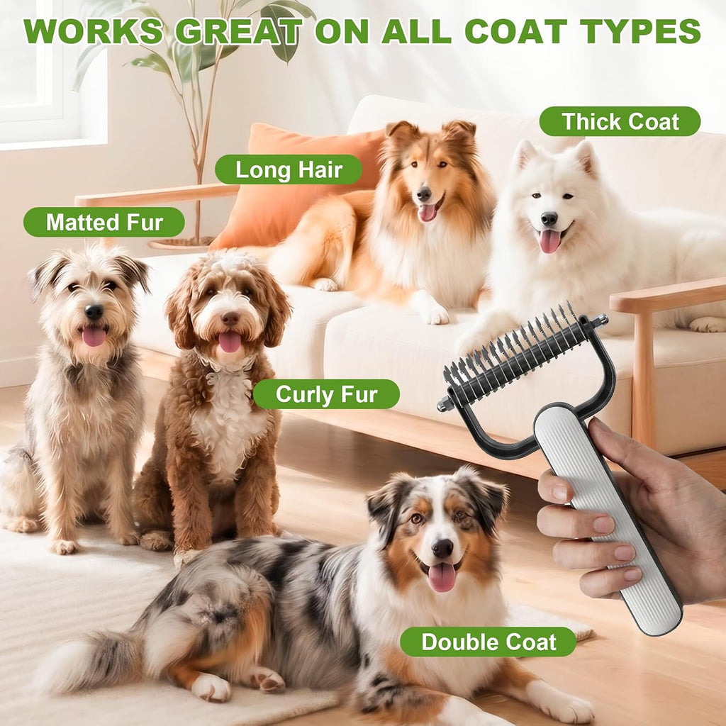 TWSURE long hair pet grooming rake being used gently on a golden retriever double coat