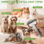 TWSURE long hair pet grooming rake being used gently on a golden retriever double coat