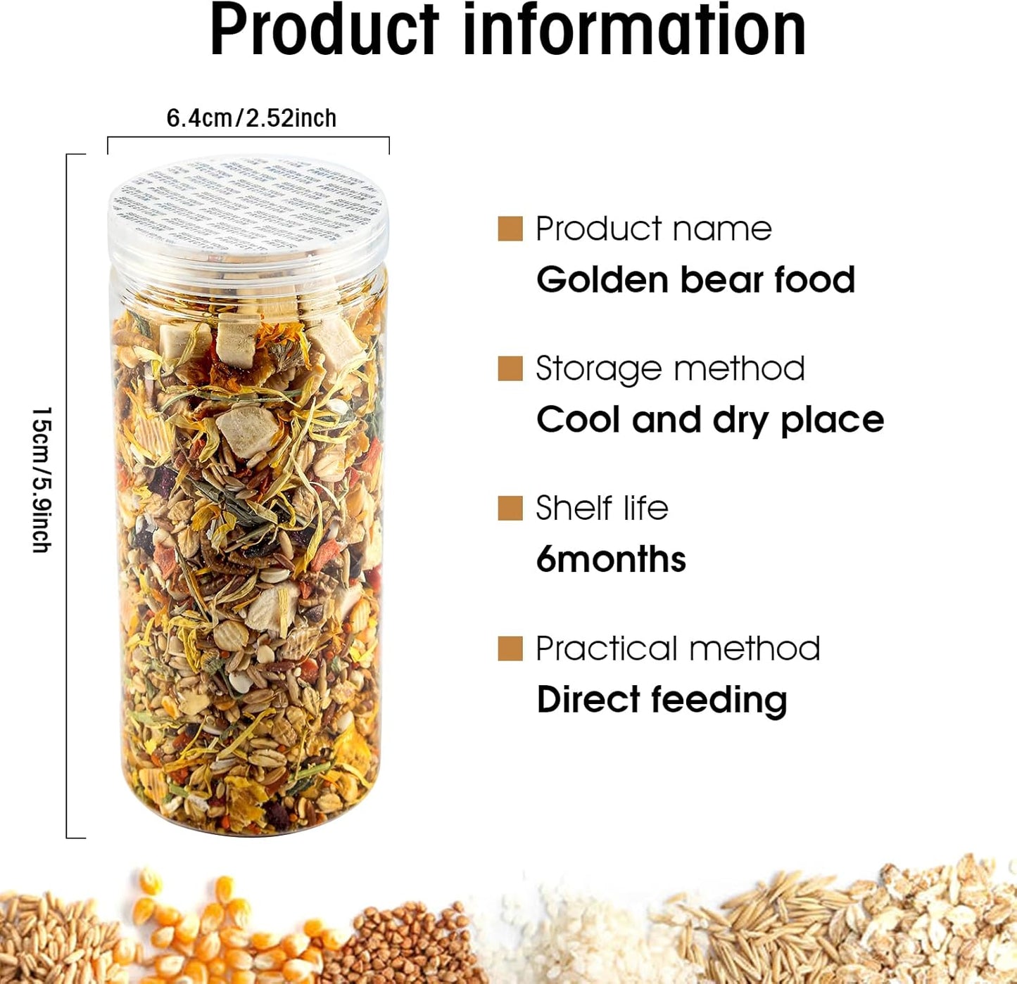 Back label of Abizoo gourmet hamster food detailing feeding instructions and ingredient list.