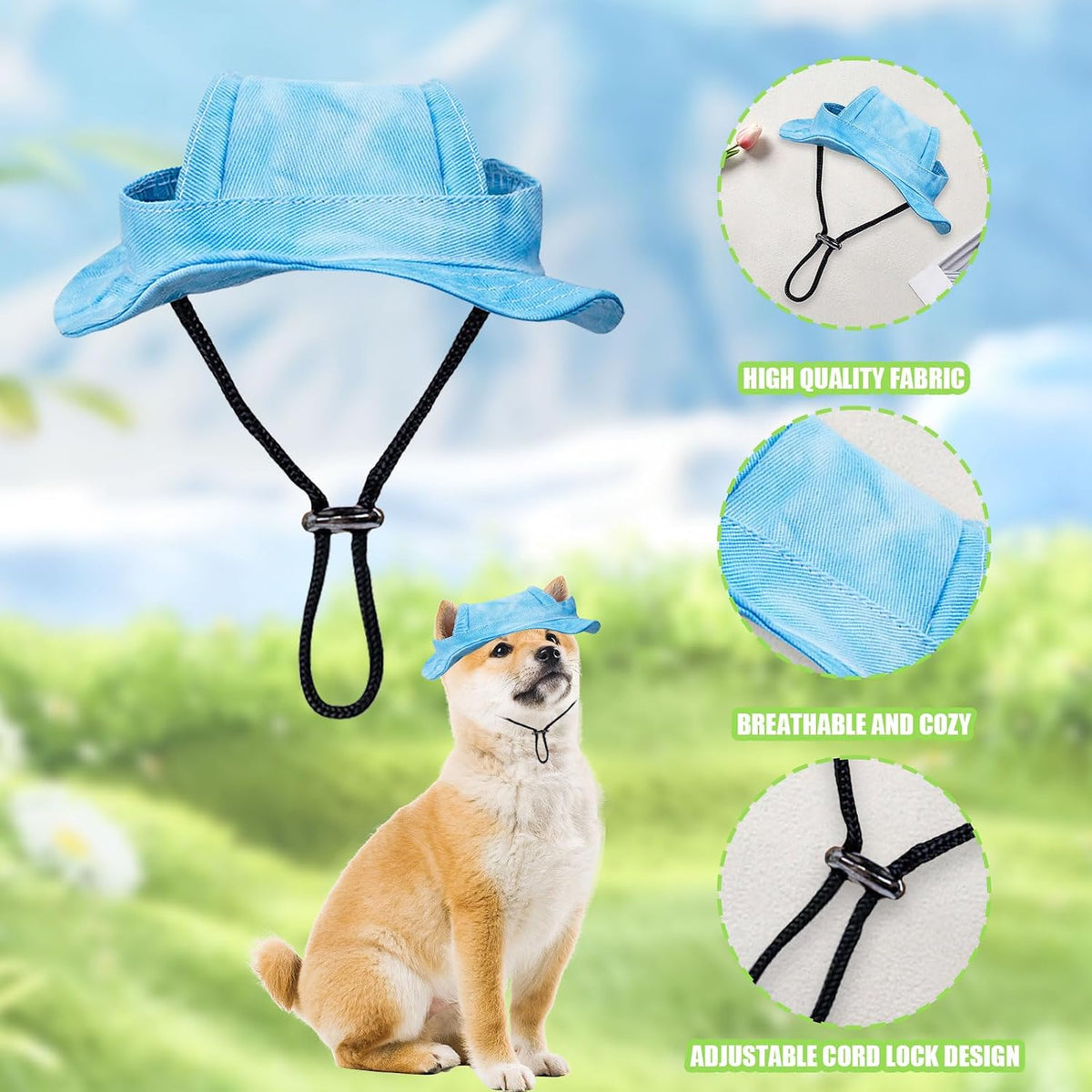 Small dog wearing blue fisherman pet hat outdoors