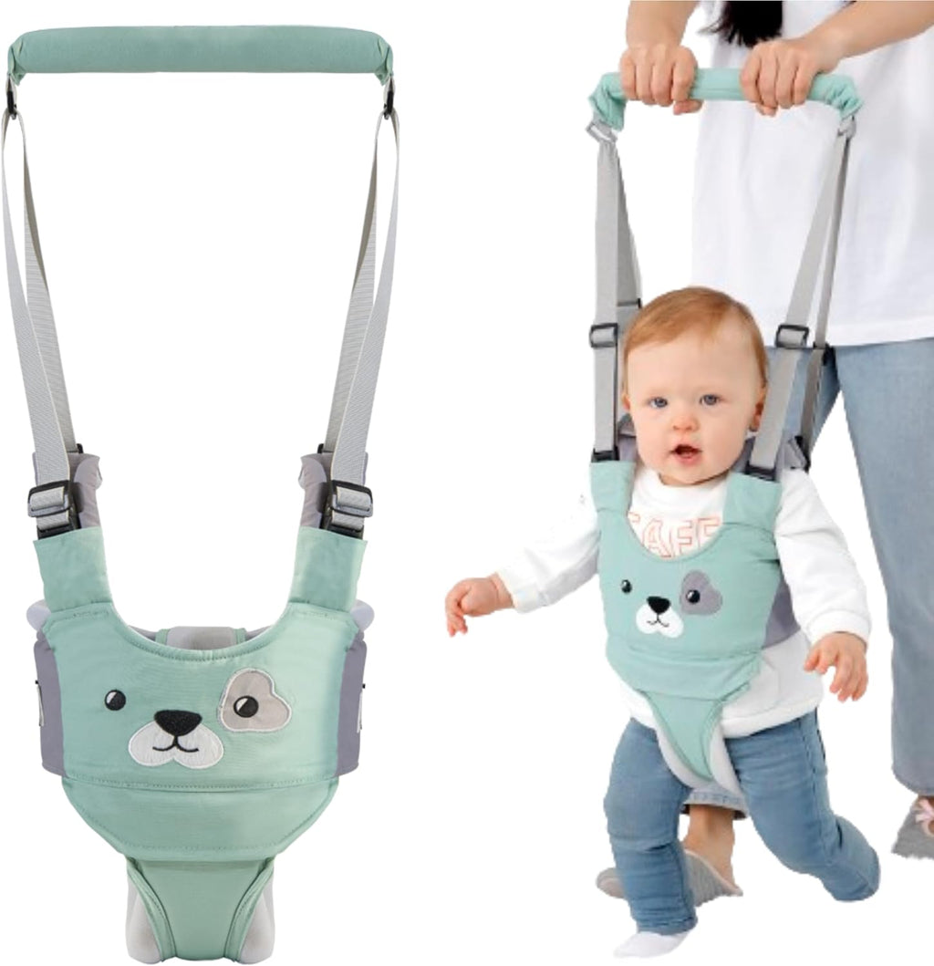Happy Walk baby walking harness front view green puppy pattern