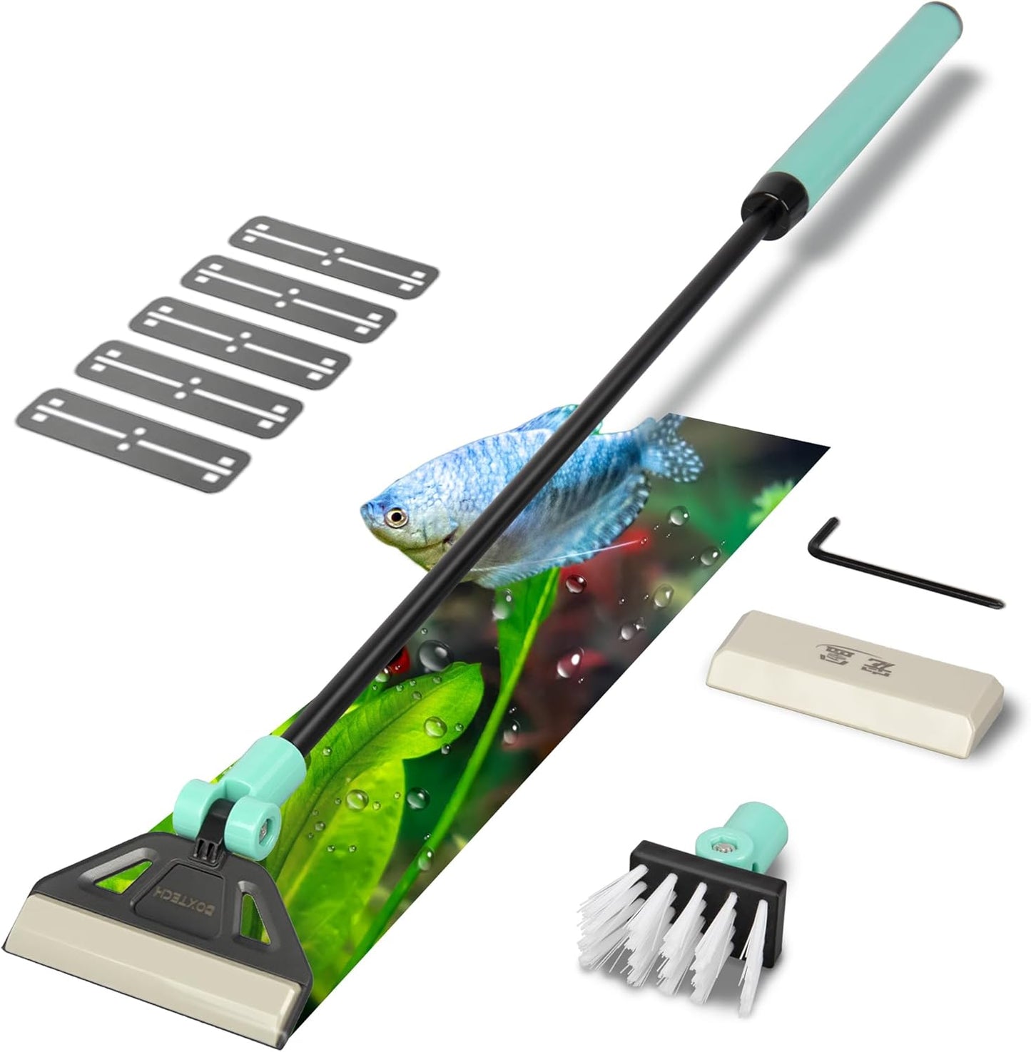 UPETTOOLS Algae Scraper for glass aquariums front view showing adjustable handle and interchangeable heads.