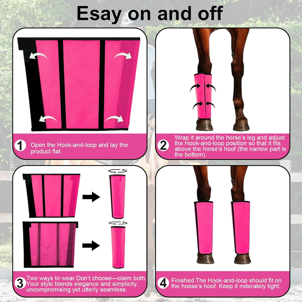 Magenta protective horse leg guards with ultraviolet sun shielding layer