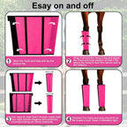 Magenta protective horse leg guards with ultraviolet sun shielding layer
