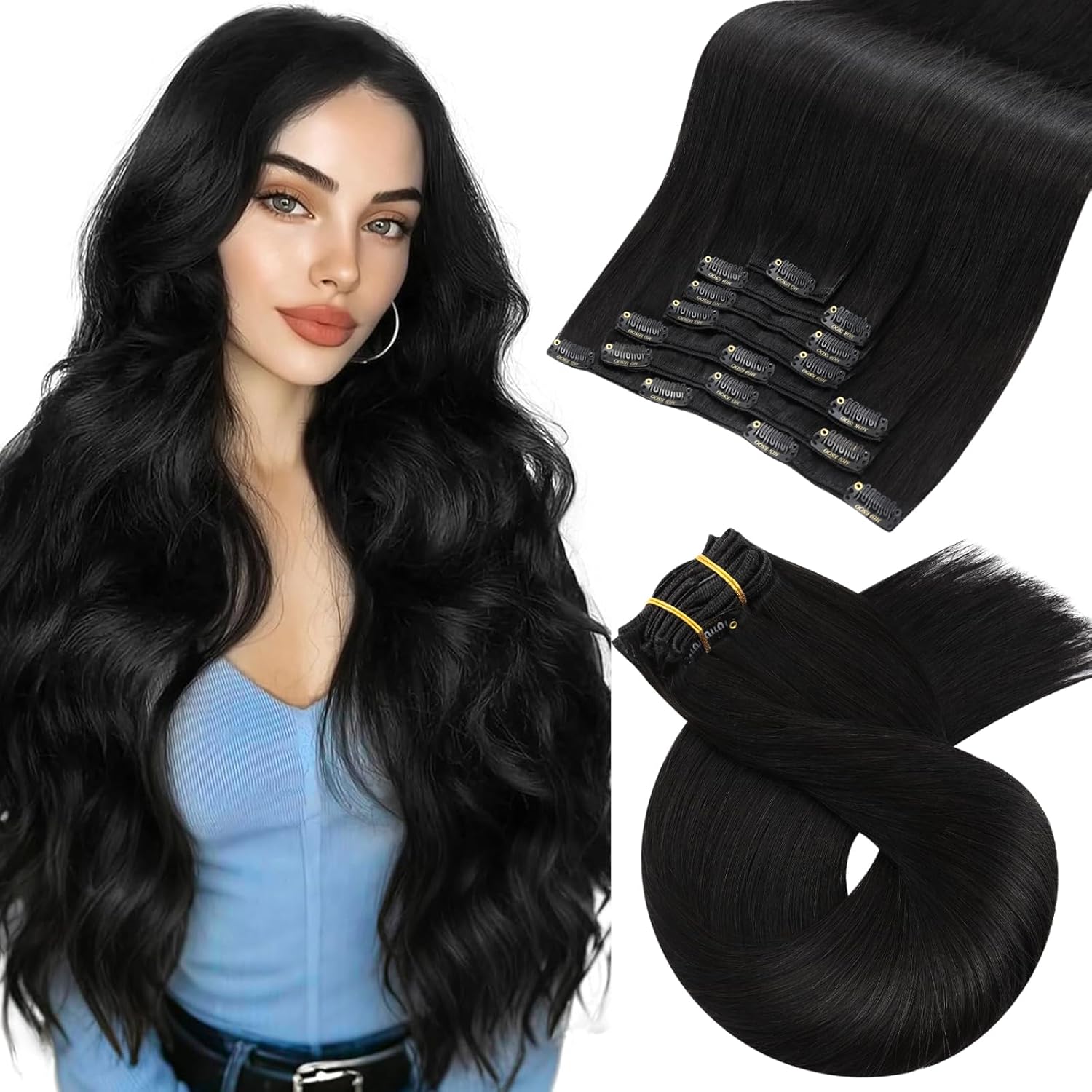 Moresoo Black Clip In Hair Extensions front view showing packaging layout