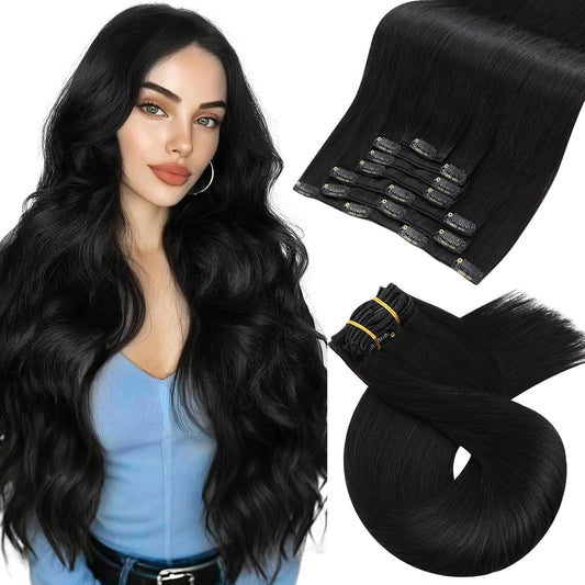 Moresoo Black Clip In Hair Extensions front view showing packaging layout