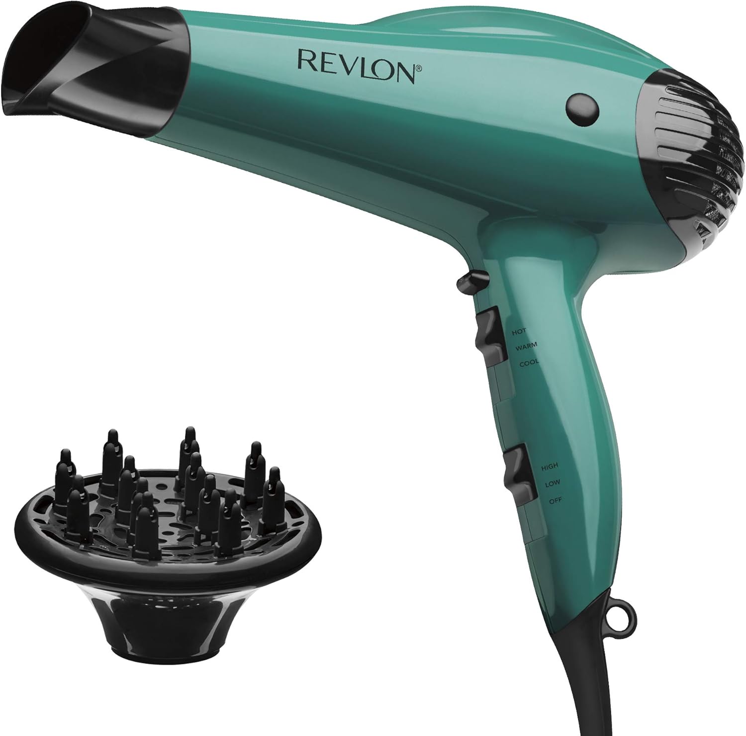 Revlon Volume Booster Hair Dryer front view of green ionic blow dryer with attachments